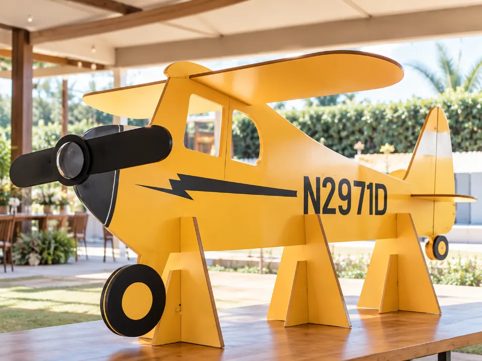 Avião decorativo em MDF usinado e pintado de amarelo para festa infantil